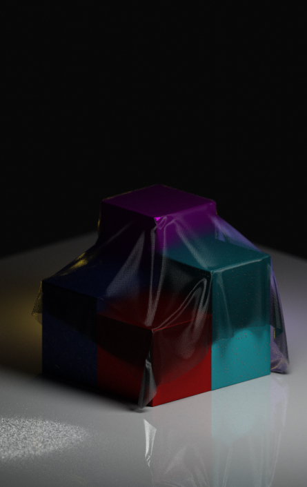 render de cubos de varios colores con una cota de malla superpuesta